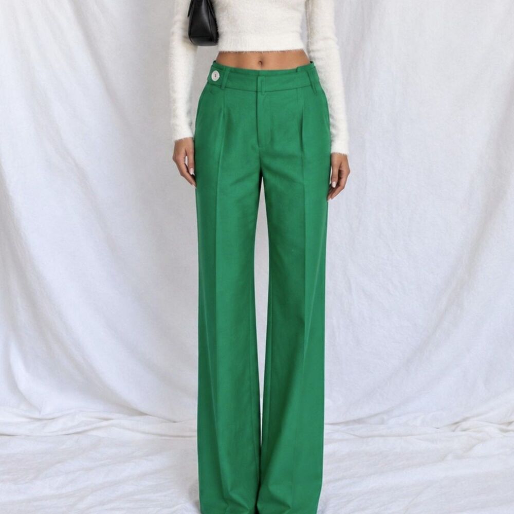 Zara Green High Waisted Button Front Detail Straight Leg Trouser Pants Size XS/S